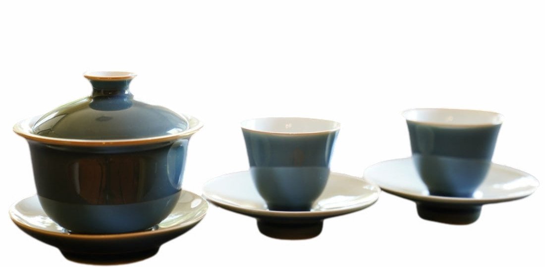 Jingdezhen Deep Aquamarine Glaze Porcelain Gaiwan Set Handmade
