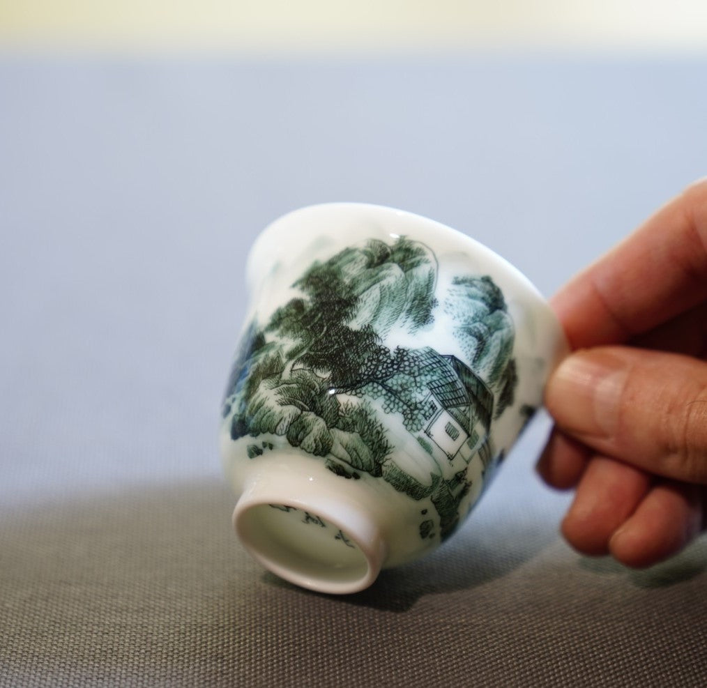 Jingdezhen Artisan Deep Green Painting Porcelain Teacup Distant Mountain