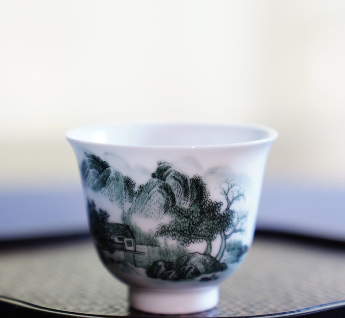 Jingdezhen Artisan Deep Green Painting Porcelain Teacup Distant Mountain