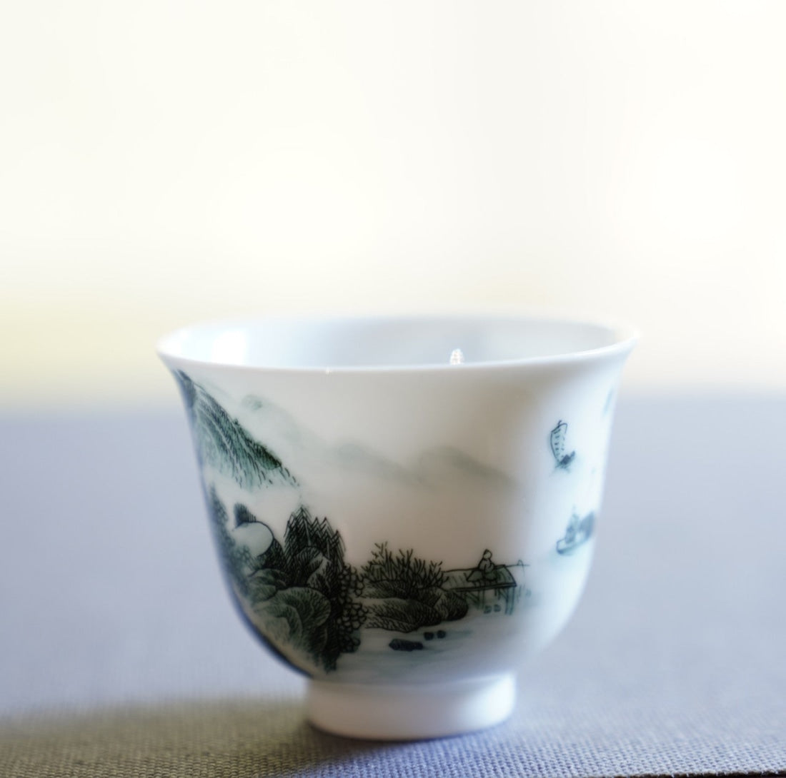 Jingdezhen Artisan Deep Green Painting Porcelain Teacup Distant Mountain