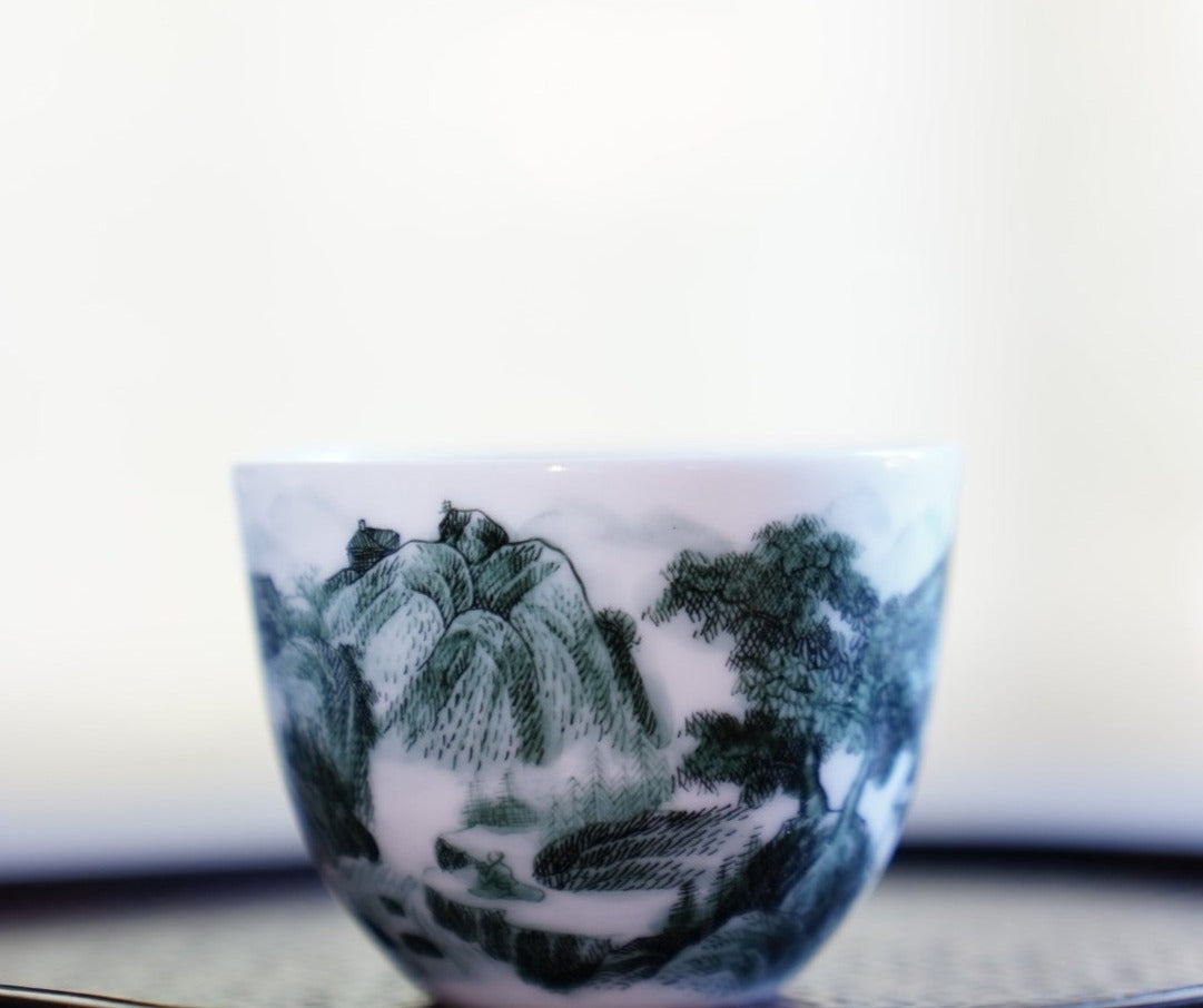 Jingdezhen Artisan Deep Green Painting Porcelain Teacup Distant Mountain
