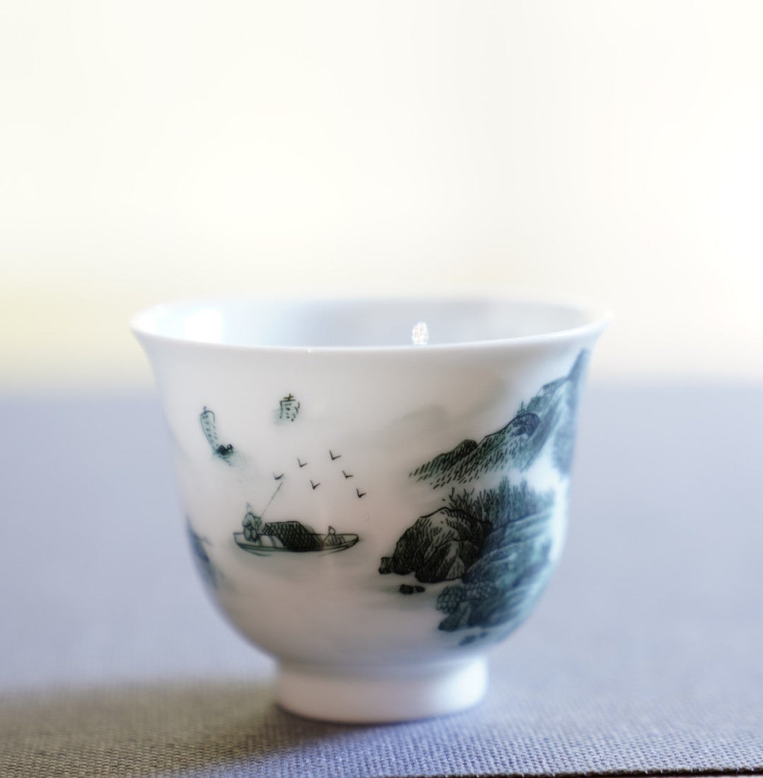 Jingdezhen Artisan Deep Green Painting Porcelain Teacup Distant Mountain