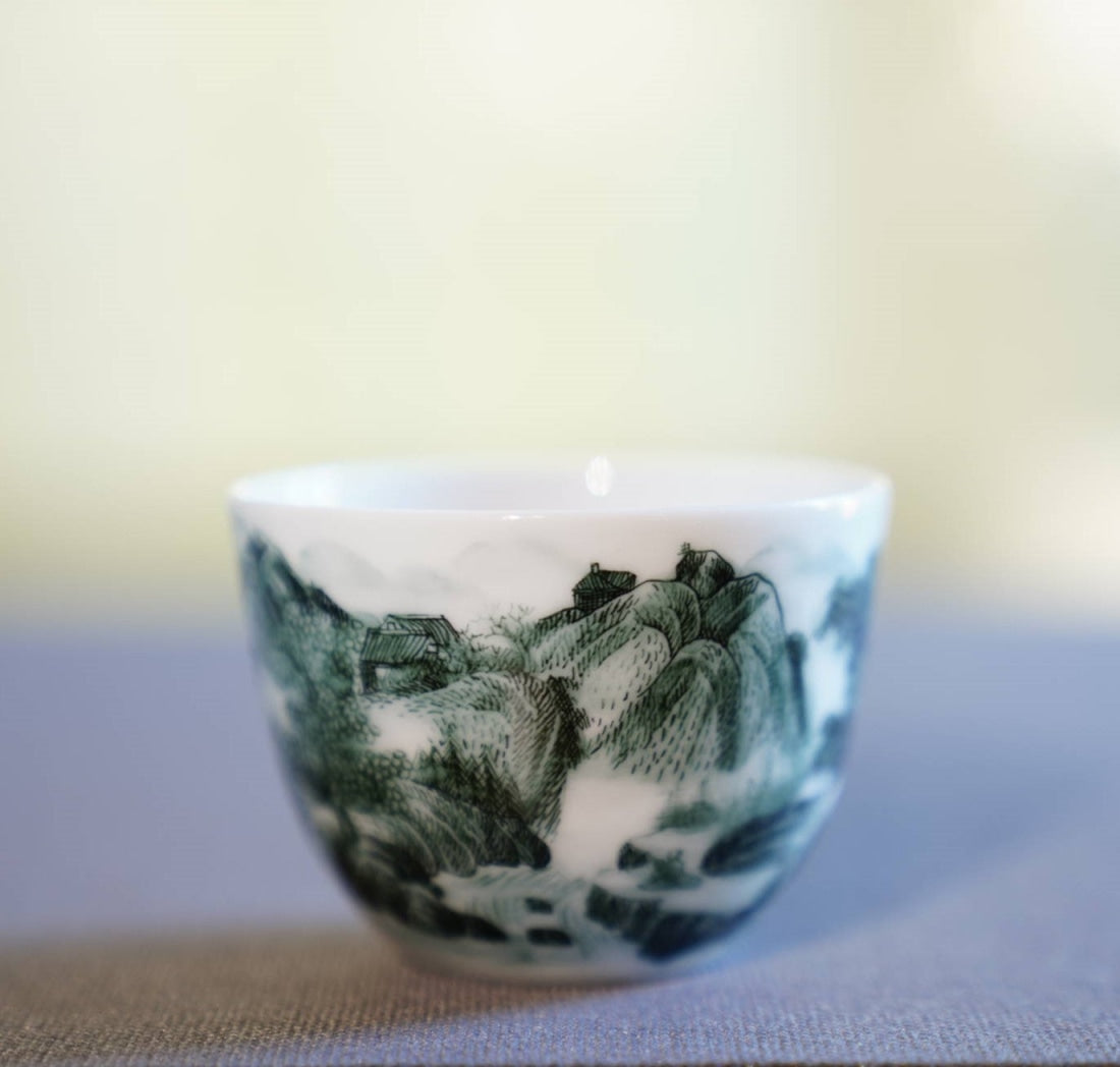 Jingdezhen Artisan Deep Green Painting Porcelain Teacup Distant Mountain