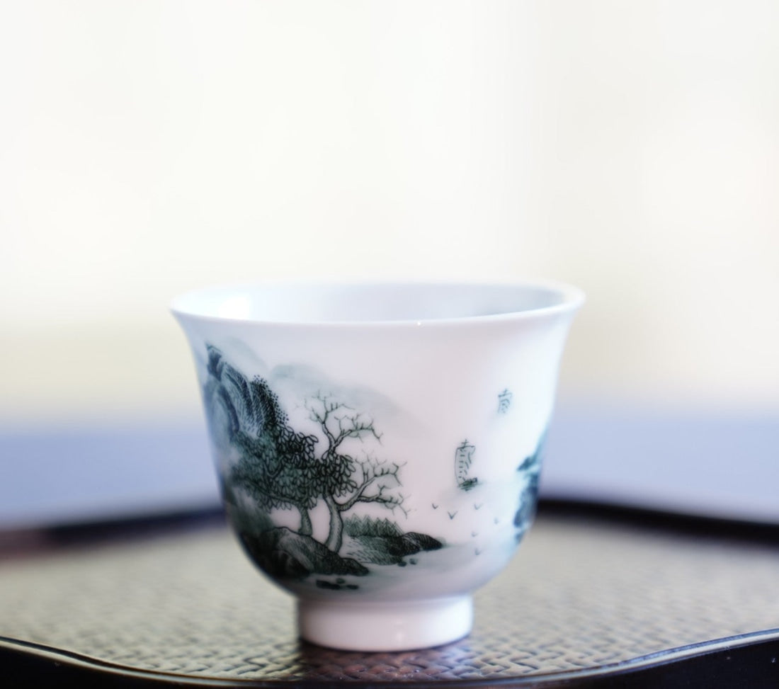 Jingdezhen Artisan Deep Green Painting Porcelain Teacup Distant Mountain