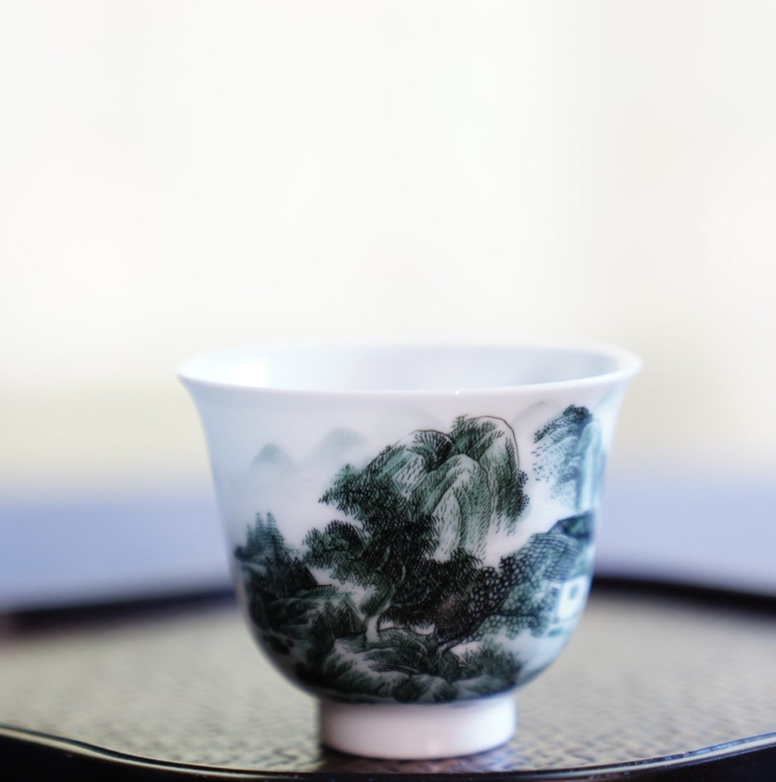 Jingdezhen Artisan Deep Green Painting Porcelain Teacup Distant Mountain