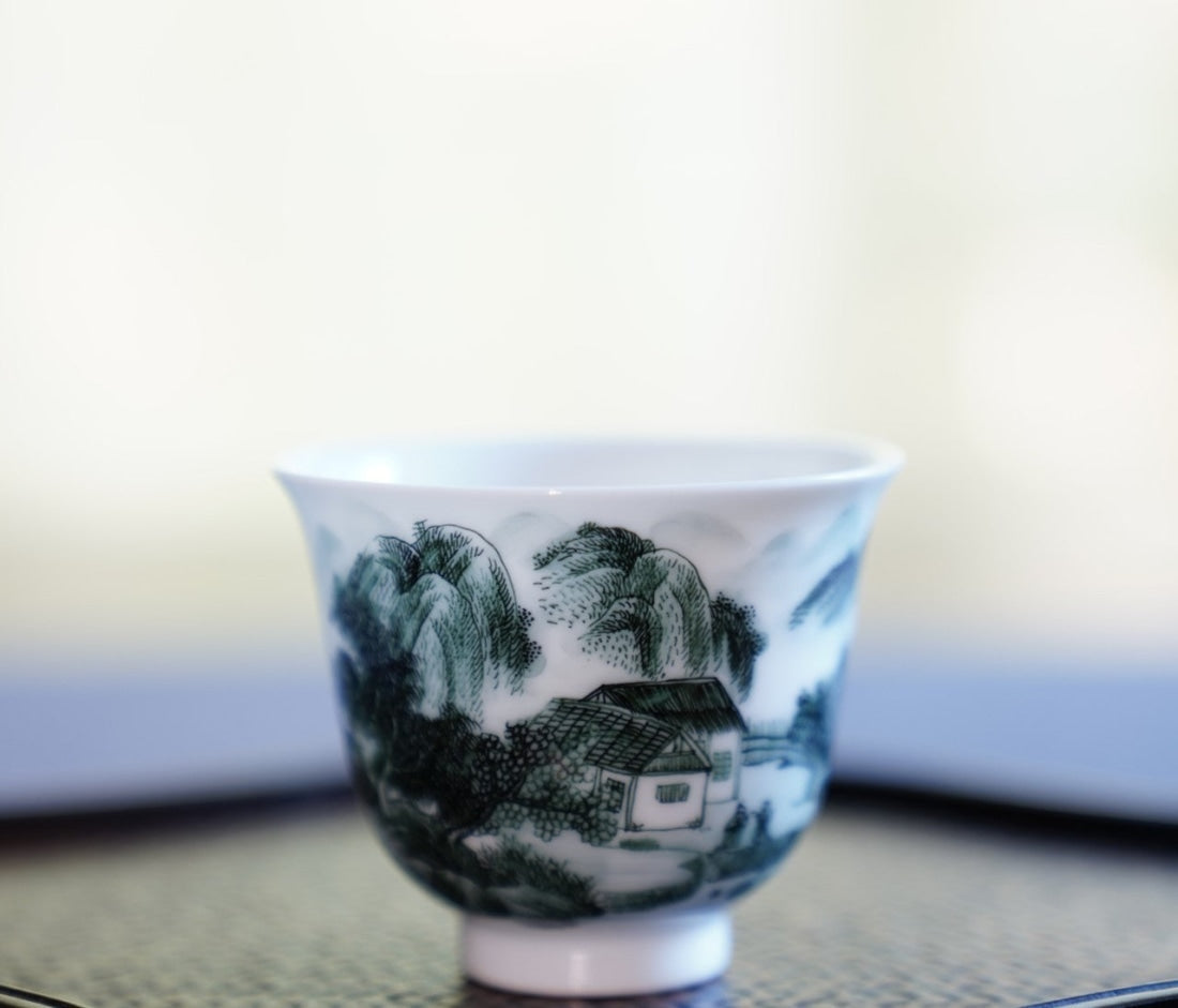 Jingdezhen Artisan Deep Green Painting Porcelain Teacup Distant Mountain