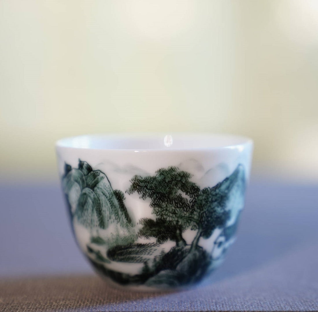 Jingdezhen Artisan Deep Green Painting Porcelain Teacup Distant Mountain