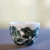 Jingdezhen Artisan Deep Green Painting Porcelain Teacup Distant Mountain