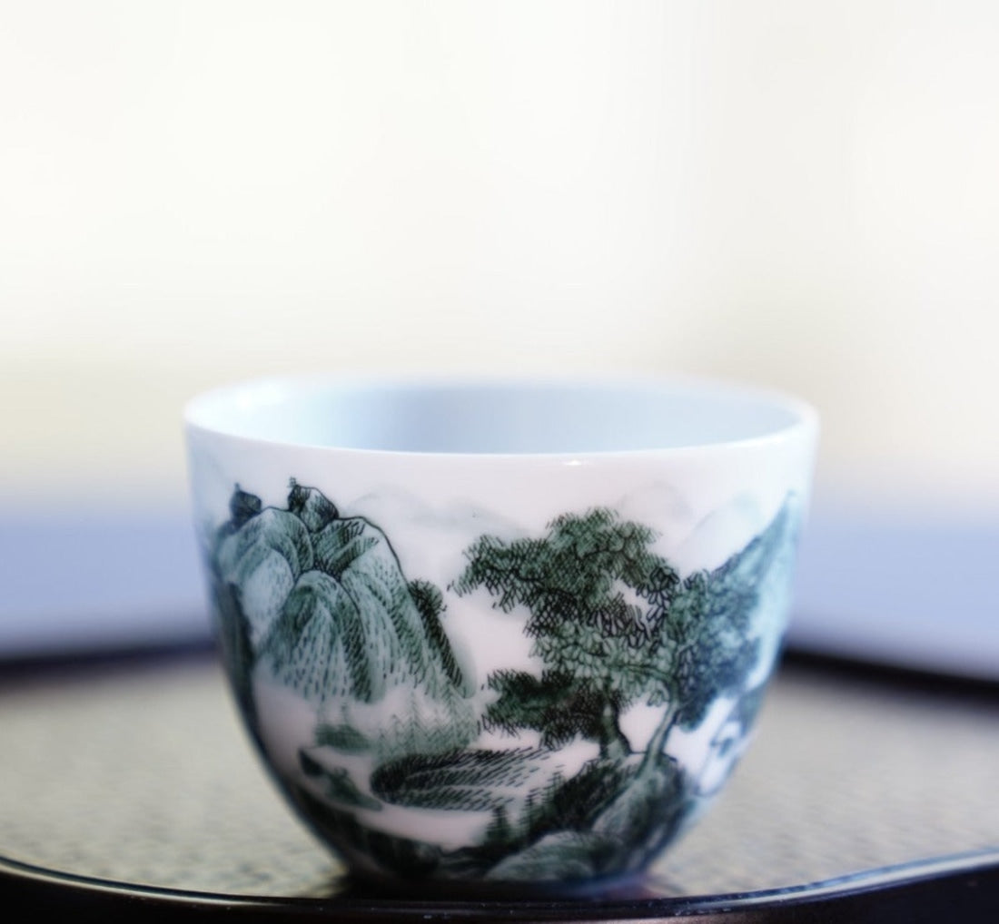 Jingdezhen Artisan Deep Green Painting Porcelain Teacup Distant Mountain