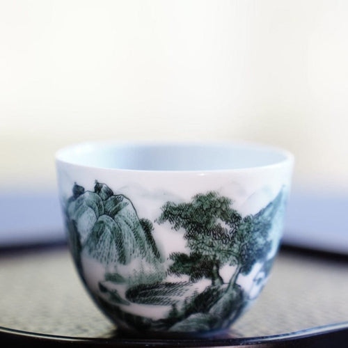 Jingdezhen Artisan Deep Green Painting Porcelain Teacup Distant Mountain