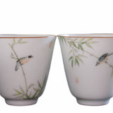 Jingdezhen Porcelain Artisan Teacup Doucai Bird and Bamboo Pair