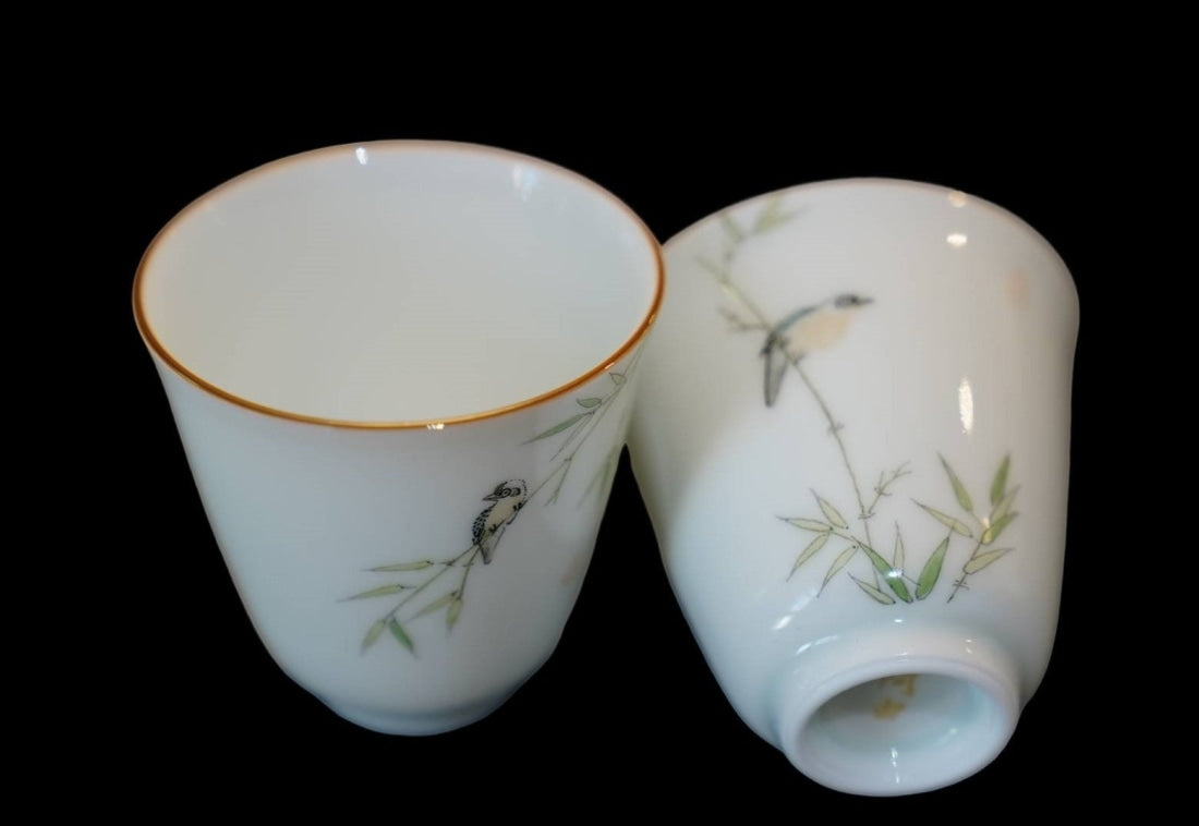 Jingdezhen Porcelain Artisan Teacup Doucai Bird and Bamboo Pair