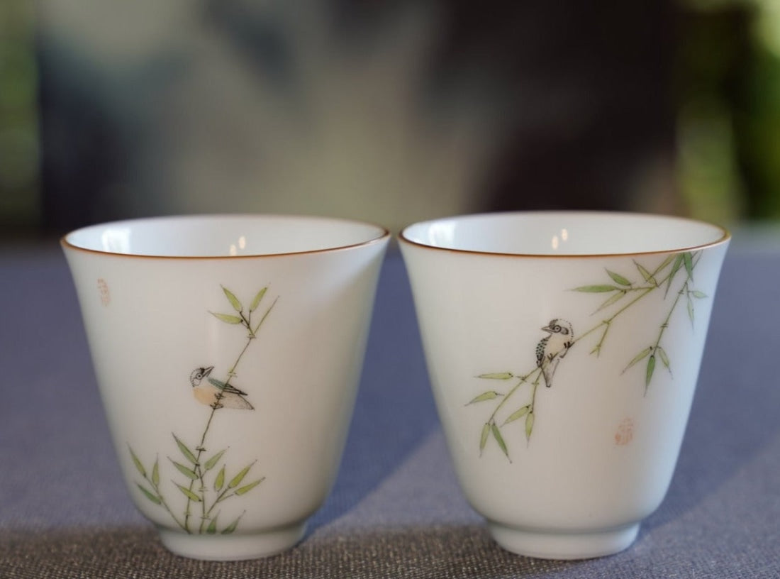 Jingdezhen Porcelain Artisan Teacup Doucai Bird and Bamboo Pair