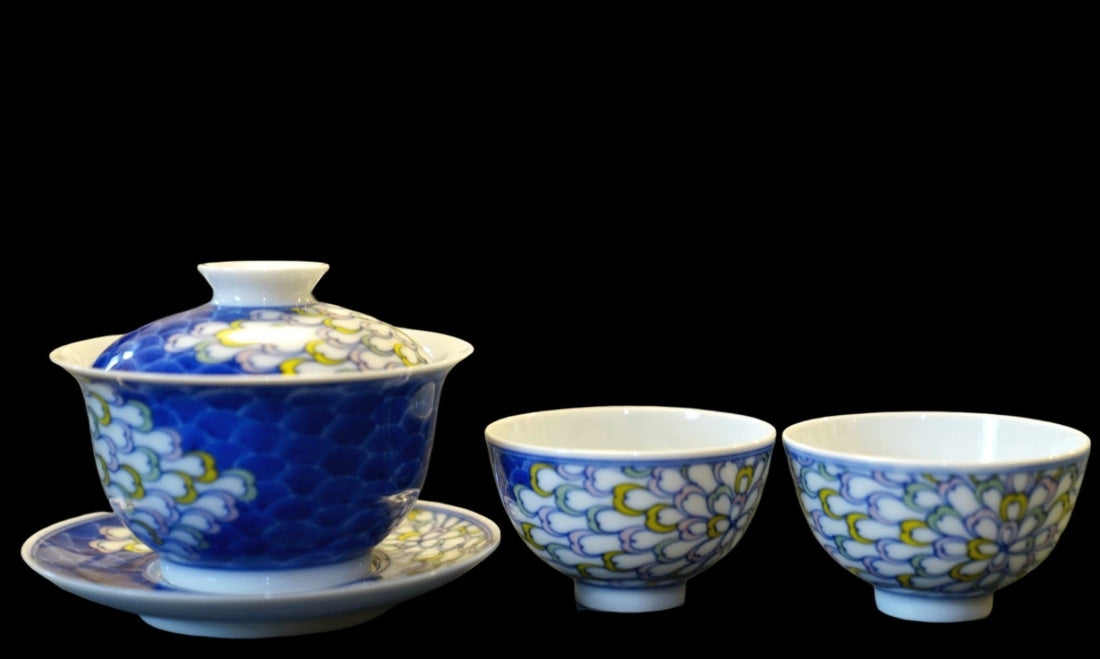 Jingdezhen Artisan Doucai Porcelain Peacock Feather Gaiwan Set