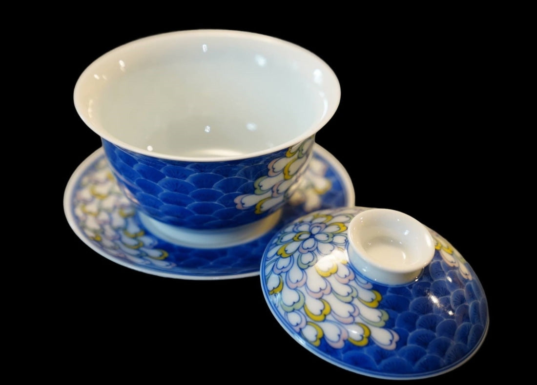 Jingdezhen Artisan Doucai Porcelain Peacock Feather Gaiwan Set