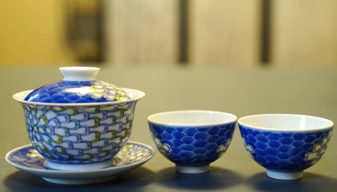 Jingdezhen Artisan Doucai Porcelain Peacock Feather Gaiwan Set
