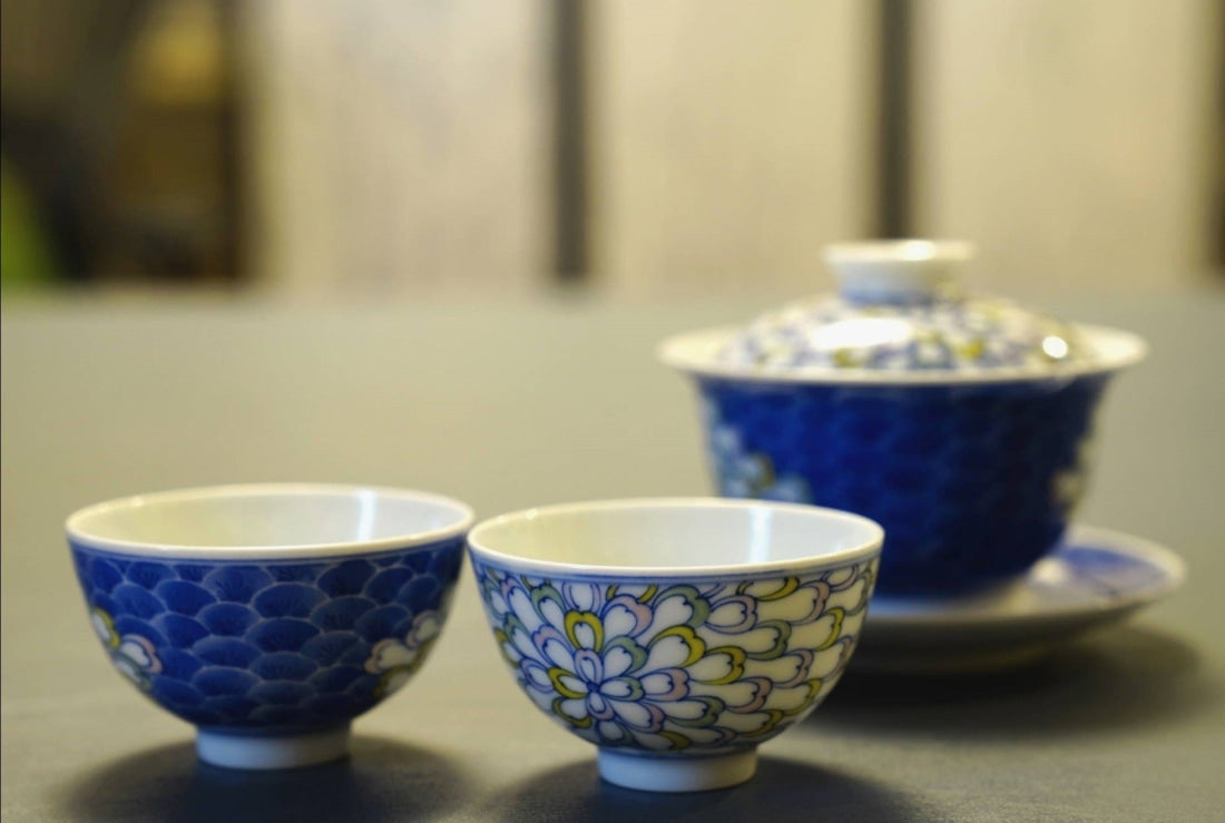 Jingdezhen Artisan Doucai Porcelain Peacock Feather Gaiwan Set