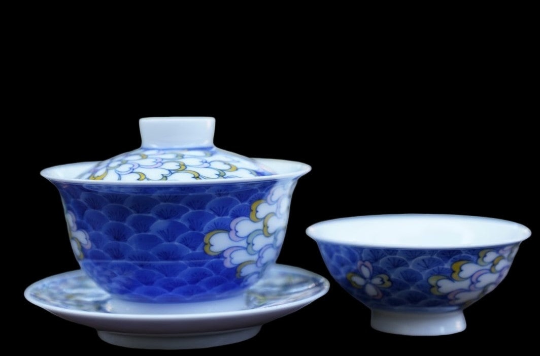 Jingdezhen Artisan Doucai Porcelain Peacock Feather Gaiwan Set