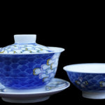 Jingdezhen Artisan Doucai Porcelain Peacock Feather Gaiwan Set
