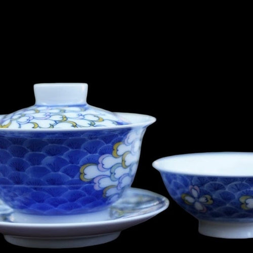Jingdezhen Artisan Doucai Porcelain Peacock Feather Gaiwan Set