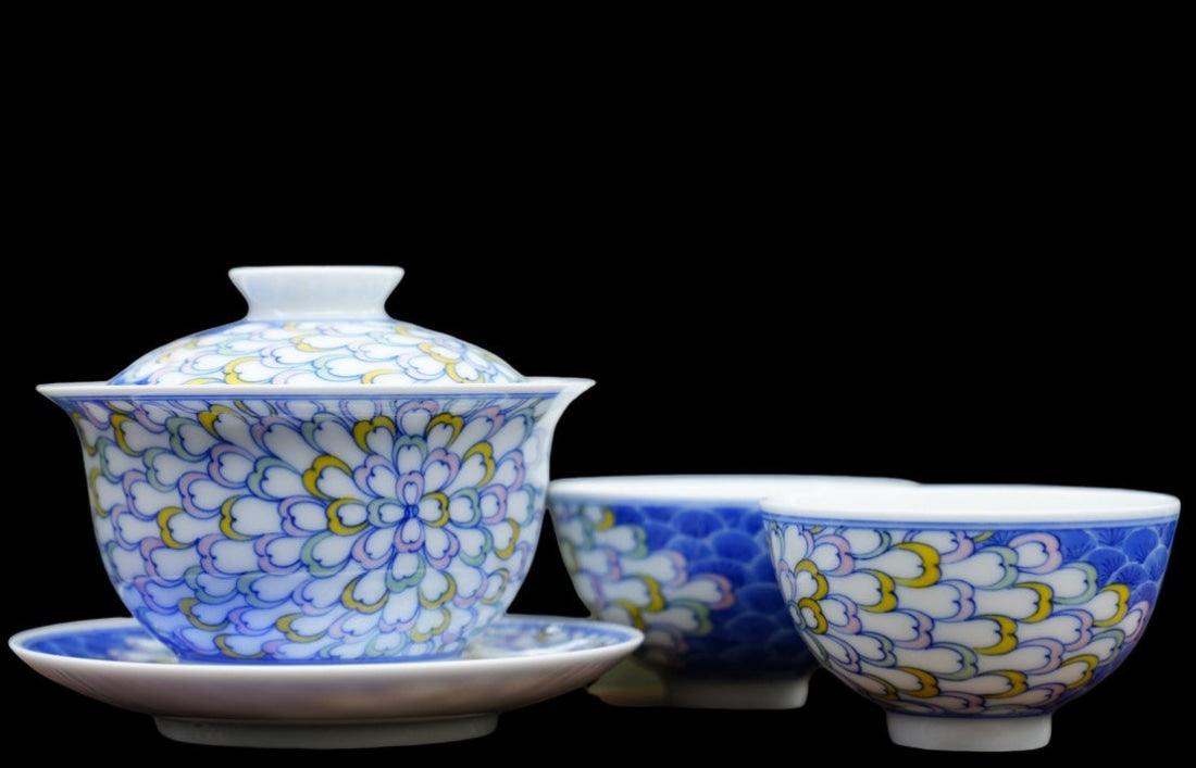 Jingdezhen Artisan Doucai Porcelain Peacock Feather Gaiwan Set