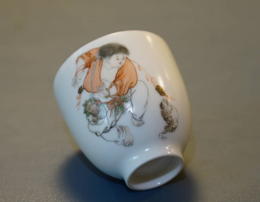 Jingdezhen Artisan Fencai Porcelain Teacup Liu Hai Fishing Toad