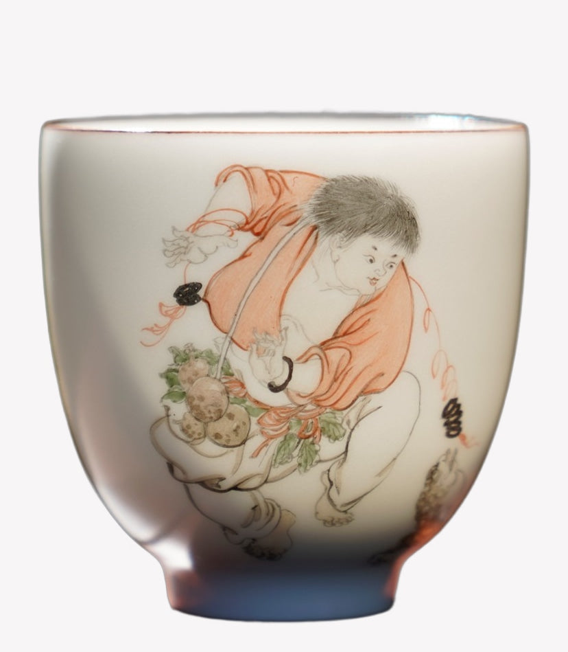 Jingdezhen Artisan Fencai Porcelain Teacup Liu Hai Fishing Toad