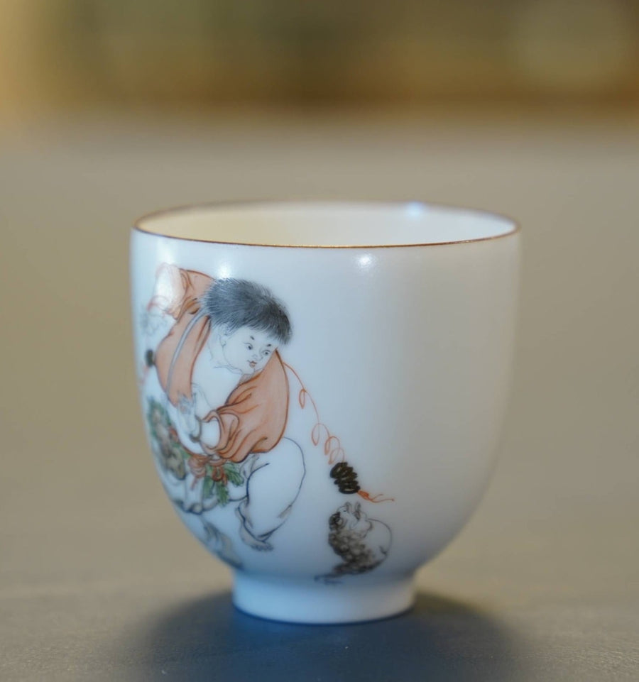 Tea Ware - Jingdezhen Artisan Fencai Porcelain Teacup Liu Hai Fishing