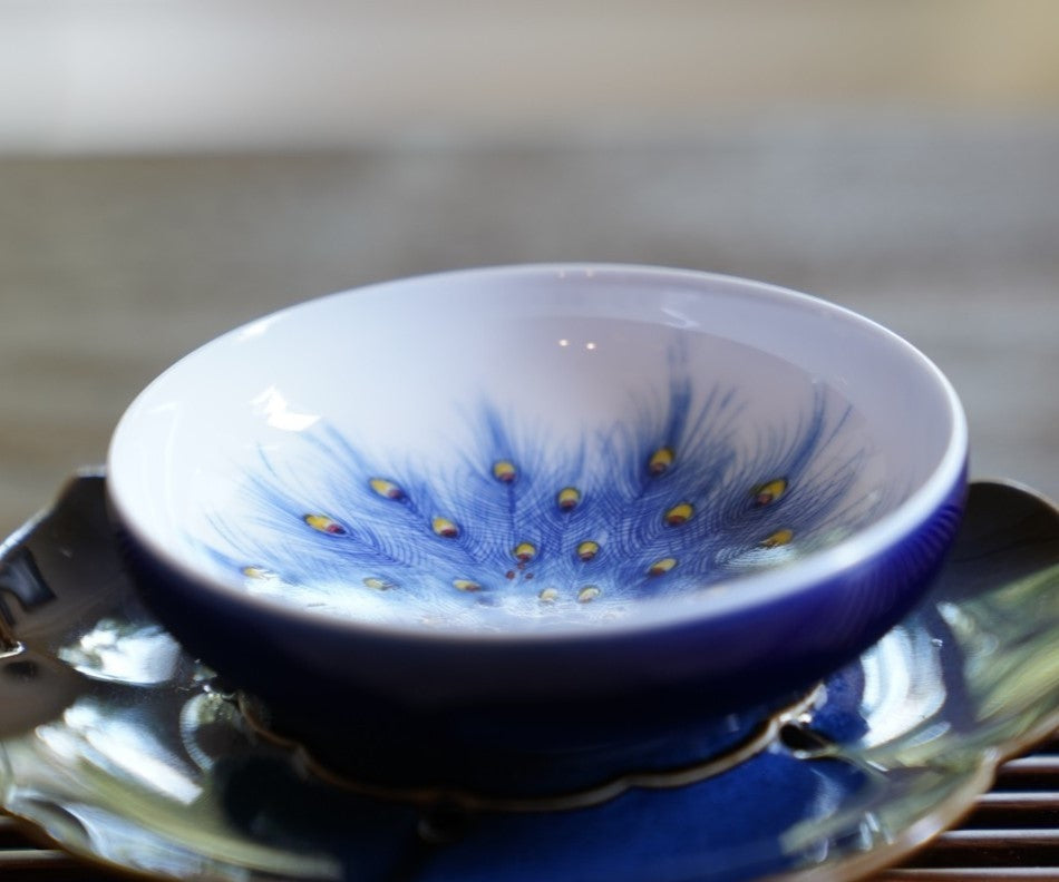 Jingdezhen Artisan Porcelain Deep Blue Glaze Peacock Wide Mouth Teacup