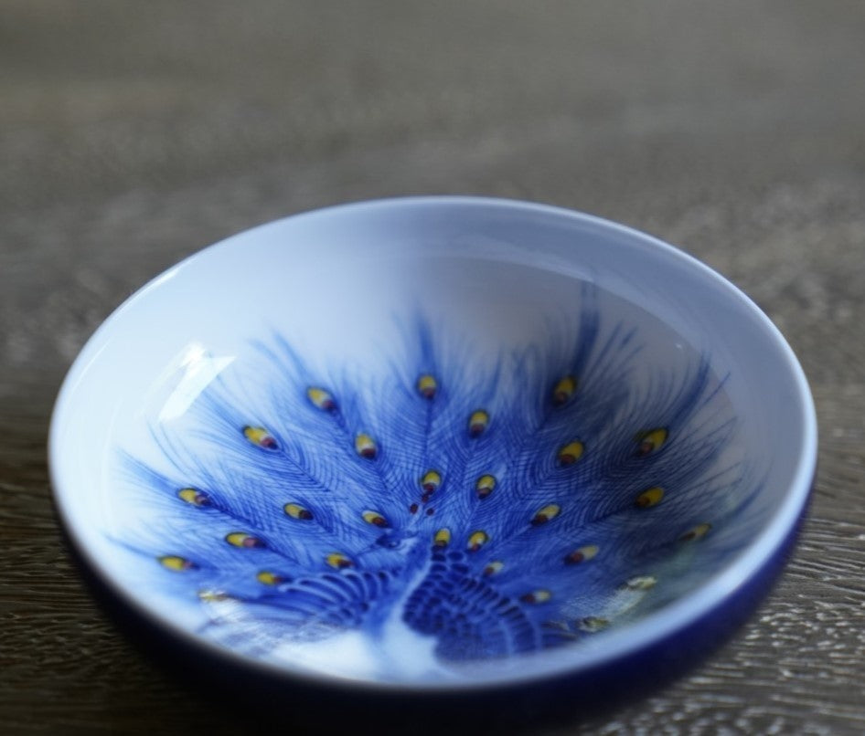 Jingdezhen Artisan Porcelain Deep Blue Glaze Peacock Wide Mouth Teacup