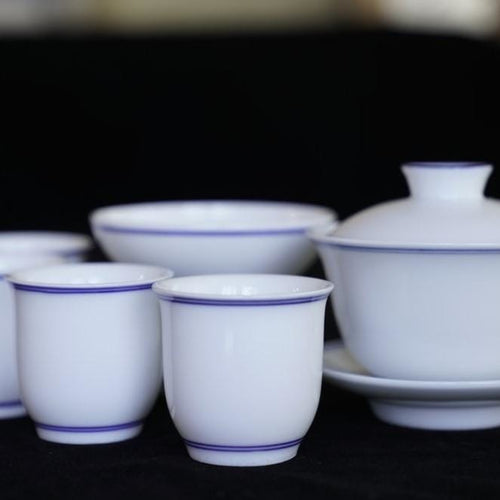 Jingdezhen Blue and White Fine Porcelain Classic Double Line Gaiwan Set