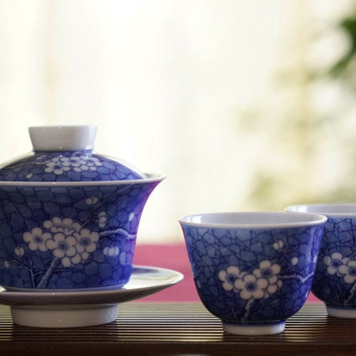 Jingdezhen Blue and White Porcelain Gaiwan Set Cracking Ice Plum Blossom