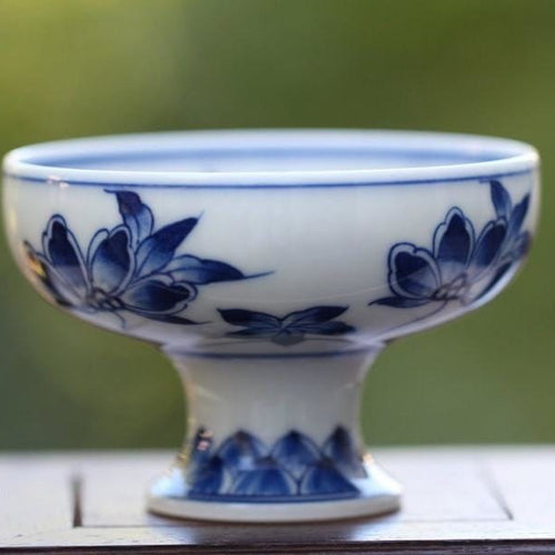 Jingdezhen Blue and White Porcelain Long Stemmed Floral Motif Teacup
