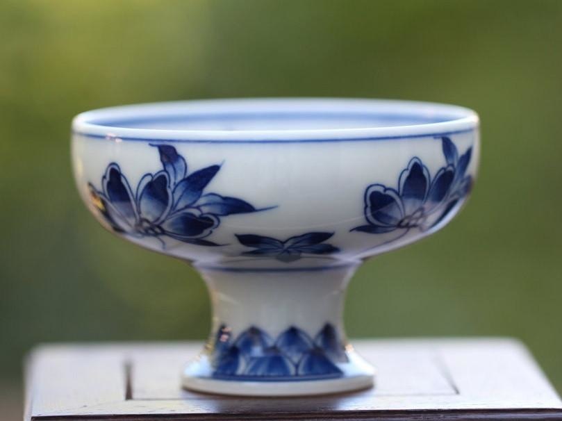 Jingdezhen Blue and White Porcelain Long Stemmed Floral Motif Teacup