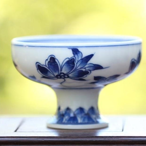 Jingdezhen Blue and White Porcelain Long Stemmed Floral Motif Teacup