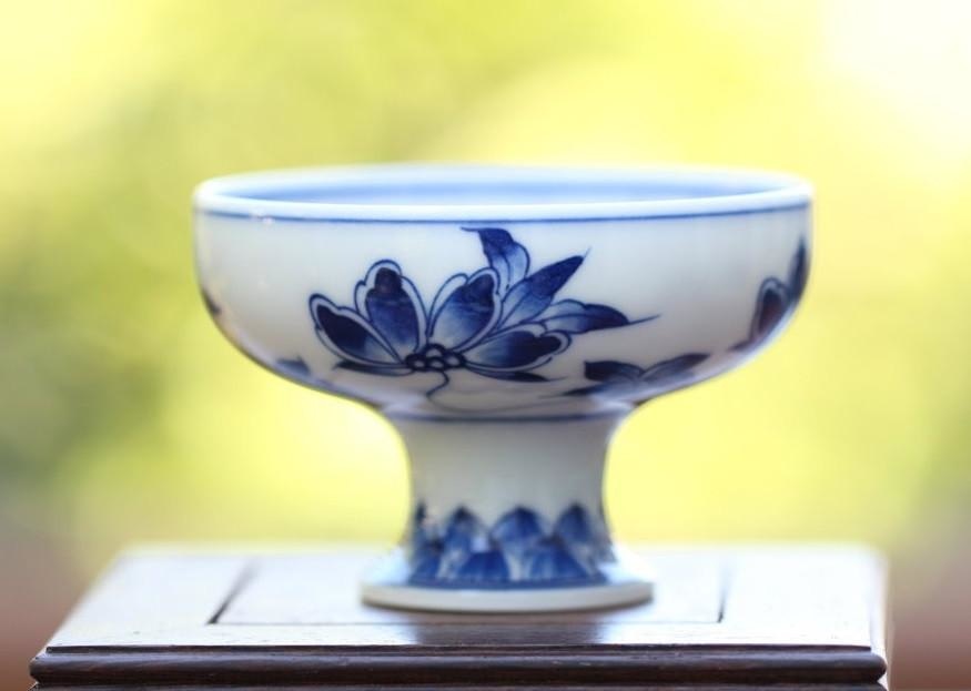 Jingdezhen Blue and White Porcelain Long Stemmed Floral Motif Teacup