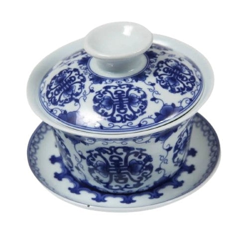 Jingdezhen Blue and White Porcelain Longevity Blessing Flower Motif Gaiwan