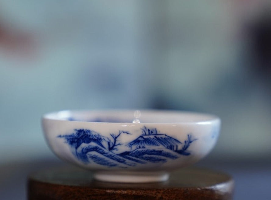 Jingdezhen Blue and White Porcelain Teacup Mountain Landscape Wide Opening