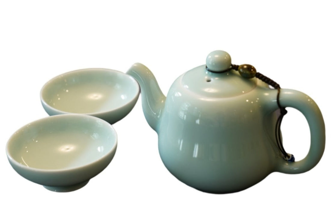 Jingdezhen Celadon Gourd-Shaped Teapot Set Handmade with Beads and Thread