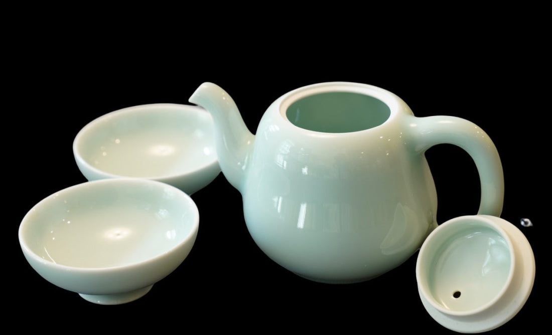 Jingdezhen Celadon Gourd-Shaped Teapot Set Handmade with Beads and Thread