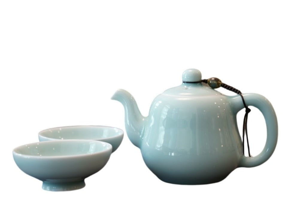 Jingdezhen Celadon Gourd-Shaped Teapot Set Handmade with Beads and Thread