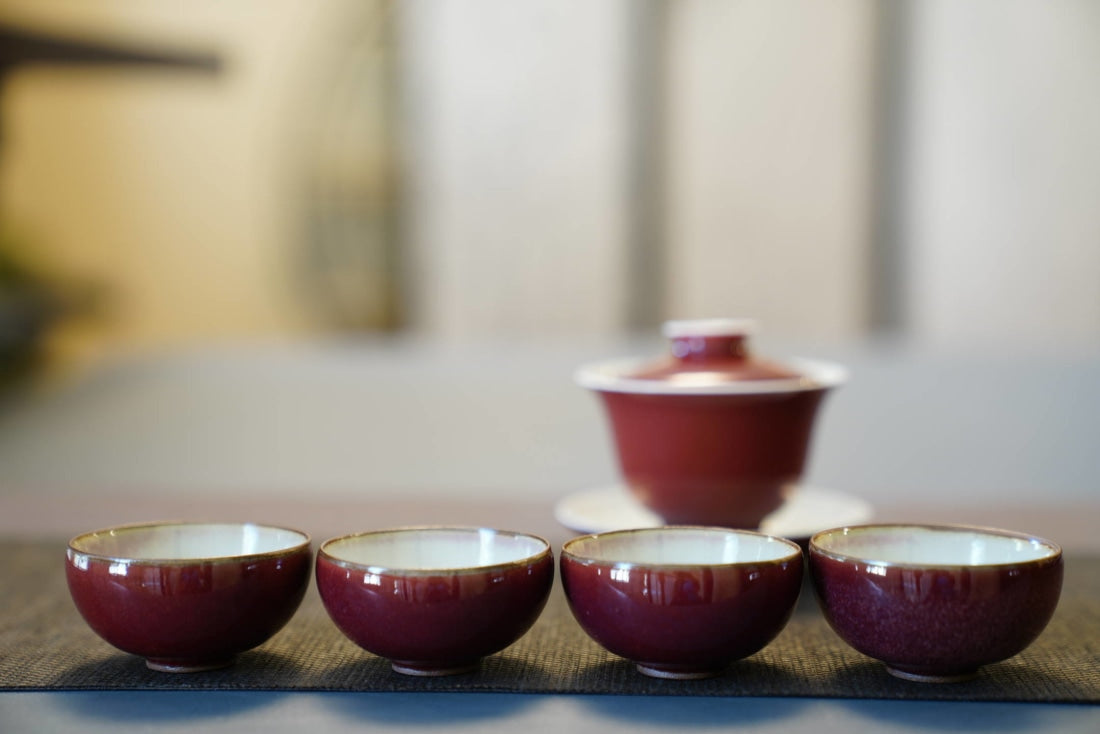 Jingdezhen Deep Red Glazed Porcelain Jihong Gaiwan Set Hand-crafted