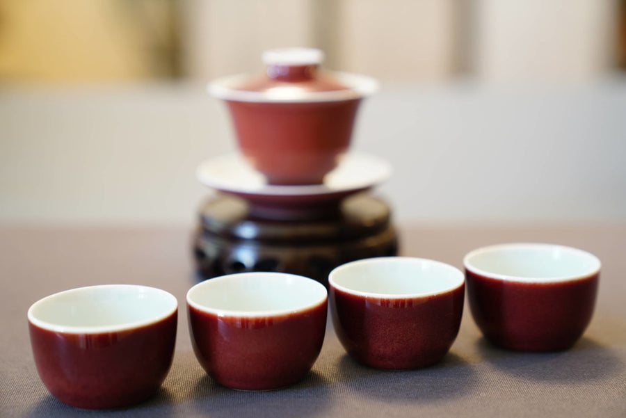 Jingdezhen Deep Red Glazed Porcelain Jihong Gaiwan Set Hand-crafted
