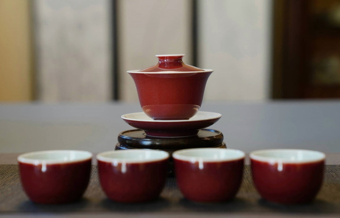 Jingdezhen Deep Red Glazed Porcelain Jihong Gaiwan Set Hand-crafted