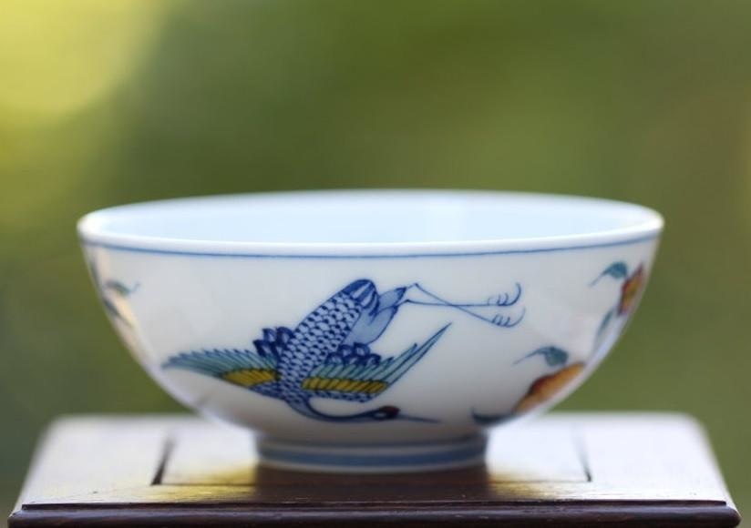 Jingdezhen Five Color Porcelain Tea Cup Red-crowned Crane and Peach