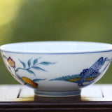 Jingdezhen Five Color Porcelain Tea Cup Red-crowned Crane and Peach