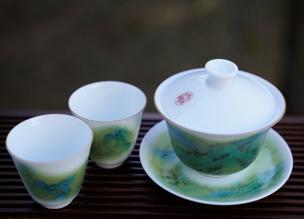 Jingdezhen Porcelain Gaiwan Set Song Painting Qian Li Jiang Shan