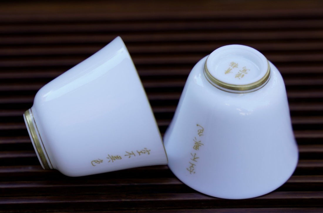Jingdezhen Sweet White Porcelain Gold Filigree Style Gaiwan and Teacup Set Buddhist Scriptures