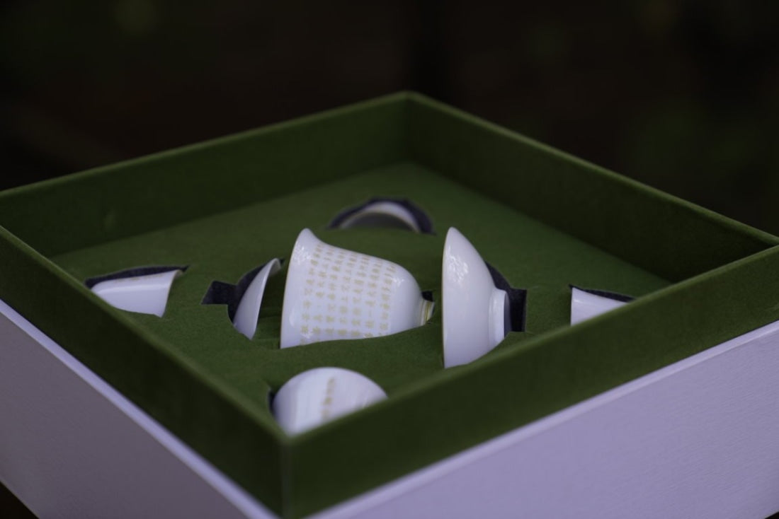 Jingdezhen Sweet White Porcelain Gold Filigree Style Gaiwan and Teacup Set Buddhist Scriptures