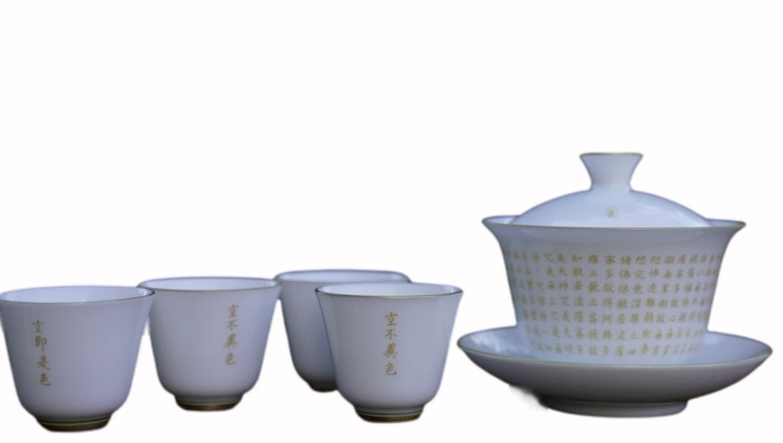 Jingdezhen Sweet White Porcelain Gold Filigree Style Gaiwan and Teacup Set Buddhist Scriptures